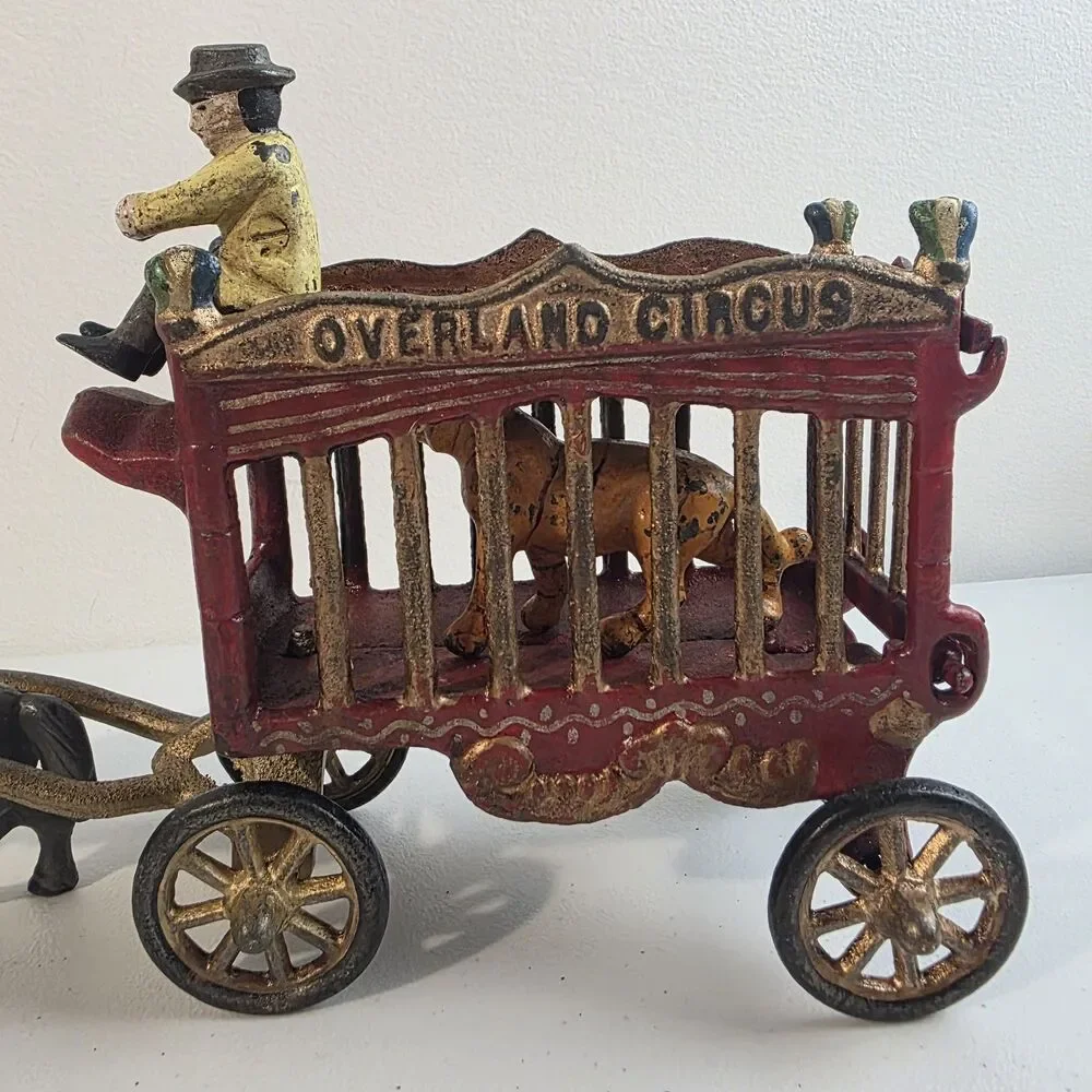 Vintage Cast Iron Horse Drawn OVERLAND Circus Wagon Toy With Tiger & Driver Read